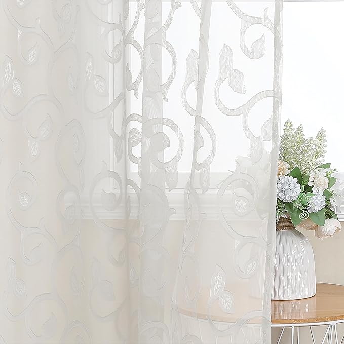 OWENIE Furman Sheer Curtains 63 inch Length for Bedroom Living Room 2 Panels Set, Jacquard Clip Textured Semi Sheer Curtains, Light Filtering Rod Pocket Farmhouse Window Treatments, Ivory, 40Wx63L