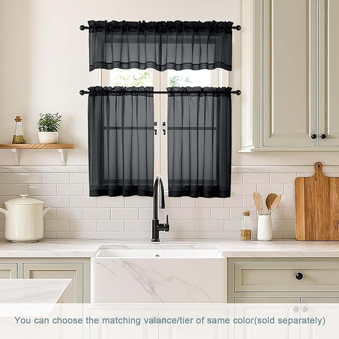 Black Small Sheer Curtains 2 Panels Set, Kitchen Curtains 36 Inch Length, Elegant Light Filtering Short Window Drapes for Living Room Bedroom, Dual Rod Pocket Design, 2x42Wx36L Inches