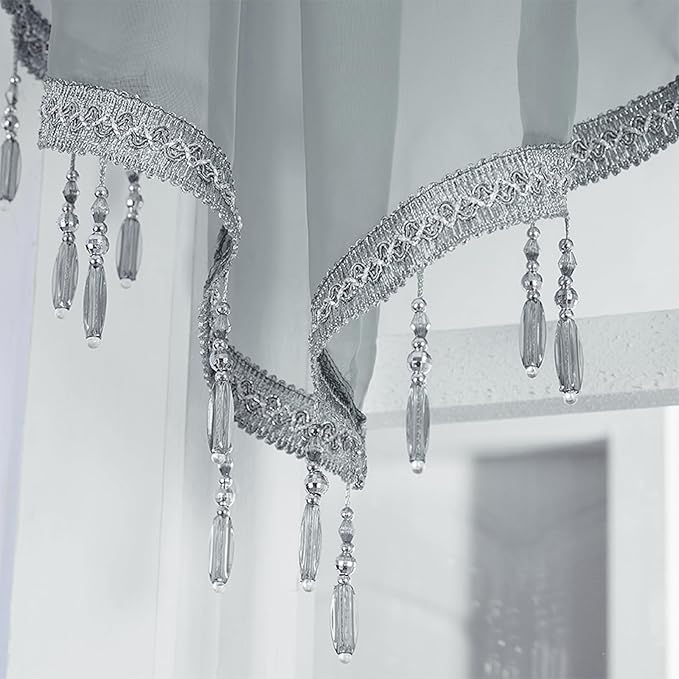 Molaxhome Swag Curtain 51 inch Length Rod Pocket Scalloped Curtain Valance Sheer Lace Panels with Hanging Crystal Beads for Kitchen Bedroom Window Treatments Drape Decor 1pc (Grey, 51Wx23L)