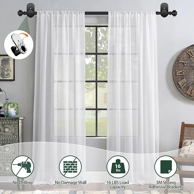 KAMANINA No Drill Curtain Rods for Windows 32 to 58 Inches, 5/8 Inch Renter Friendly Curain Rod Adjustable Drapery Rod with 3M Adhesive Brackets without Drilling, Black