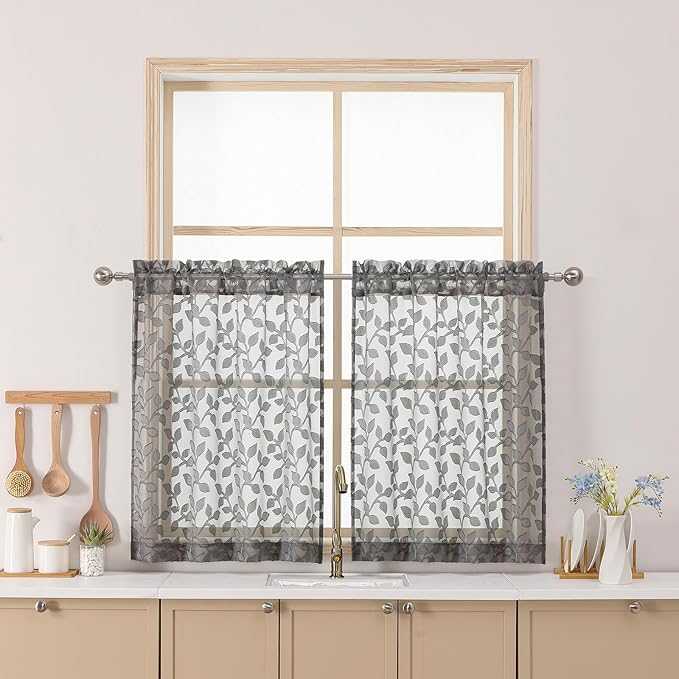 Chyhomenyc Charcoal Grey Sheer Curtains 30 Inch Length, Light Filtering Leaf Tufted Textured Small Kitchen Curtain Over Sink, Short Half Window Curtains for Bathroom Basement, 30" Wx30 L, 2 Panels