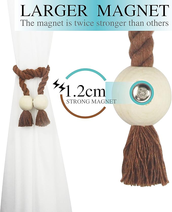 4 Pack Magnetic Curtain Tiebacks Cotton Hand Woven Tie Back Decorative Rope Holdbacks for Curtains Draperies No Tools Required, Khaki
