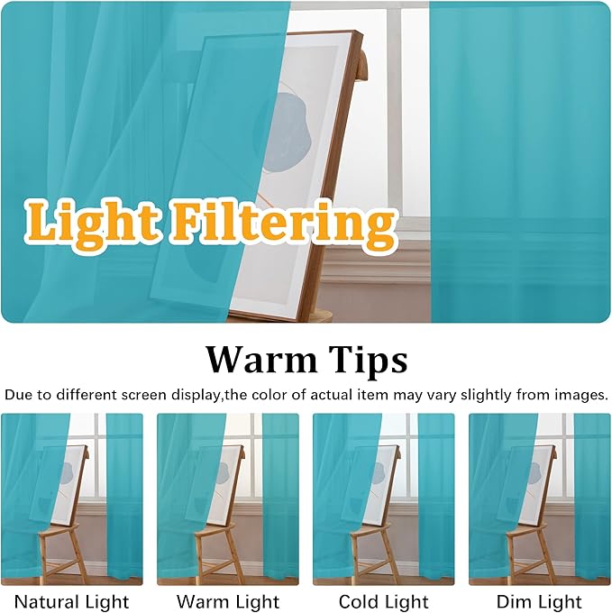 Gwine Turquoise Sheer Curtains 90 Inches Long 2 Panels Set, Light Filtering Solid Filmy Drapes for Living Room Bedroom, Elegant Soft Rod Pocket Voile Sheer Window Curtains, 42Wx90L Inch, 2PCS