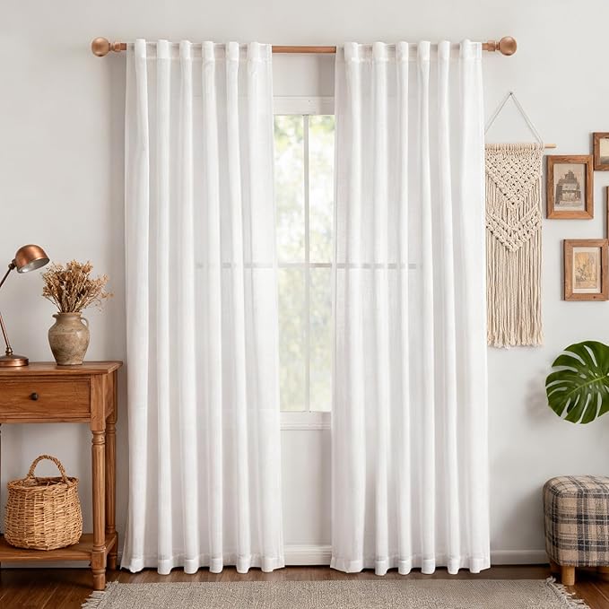 MYSKY HOME French Door Curtains for Closet Doorways, 72 Inches Long White Cotton Sheer Drapes Light Filtering Curtain Panels Elegant Look for Classroom/Guestroom Windows, 50" x 72", White, 2 PCs