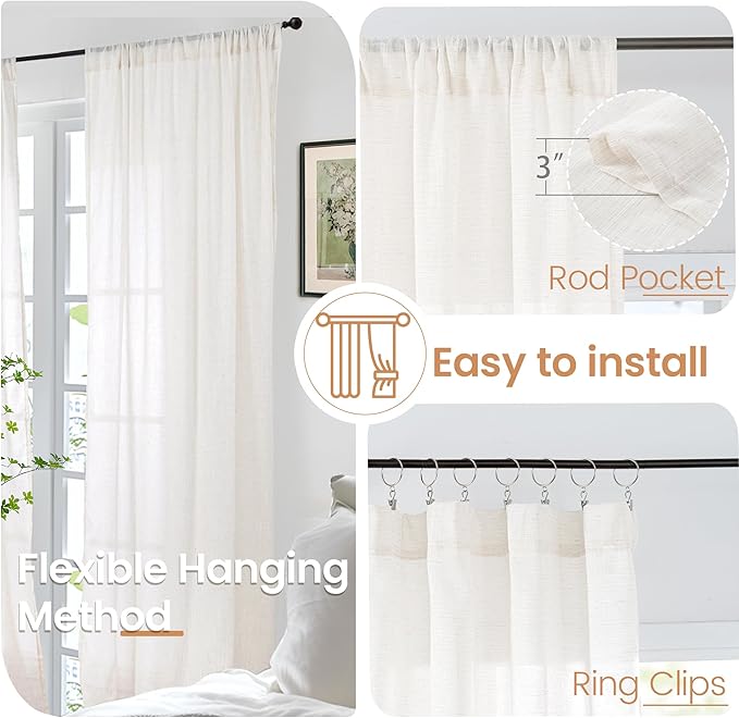 BGment 48 Inch Length Natural Linen Curtains for Short Living Room Window - Ivory Semi Sheer Textured Drapes Light Filtering with Rod Pocket for Bathroom Bedroom Lightweight, 2 Panels, 42 X 48 Inch
