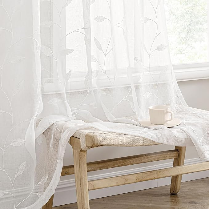 MIULEE White Sheer Curtains 2 Panels Embroidered Leaf Patterned Rod Pocket Floral Semi Sheer Faux Linen Window Curtains Drapes Set for Living Room Bedroom Dining Room, 52x63 Inches Length