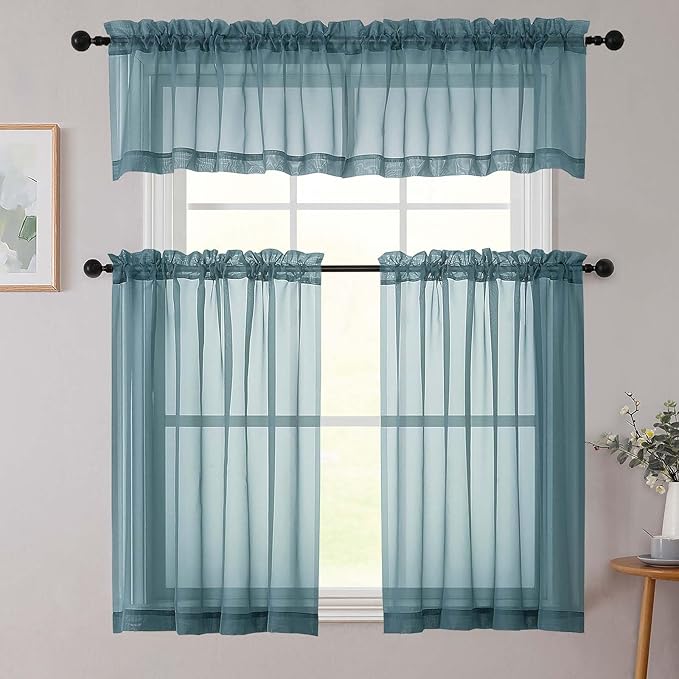 Dusty Blue Valances for Windows, Sheer Curtains 14 Inch Length 2 Pack Kitchen Curtain, Modern Solid Mini Small Window Curtains for Cafe Bathroom Basement, Dusty Blue, 42" Wx14 L Inch