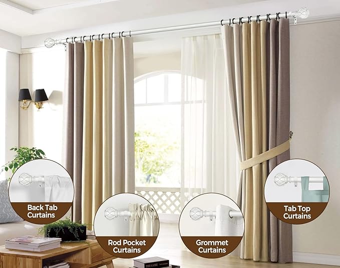 KAMANINA Curtain Rods for Windows 48 to 84 Inch, White Single Heavy Duty Curtain Rod Adjustable, 7/8 Inch Decorative Drapery Rod 32 to 86 Inch(2.6-7.1Ft), Netted Texture End