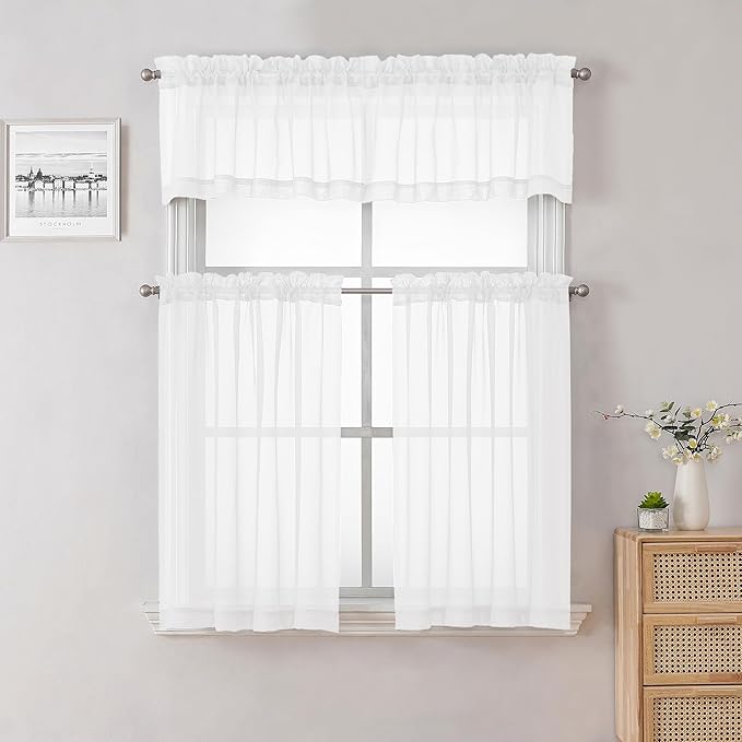 Lecloud 36 Inch White Sheer Curtains Tiers 2 PCS with Dual Rod Pockets, Airy & Breathable Half Small Curtain for Bedroom Living Room Kitchen, Voile Sheer Tiers Cafe Cupboard Decor, 40X36 Inches