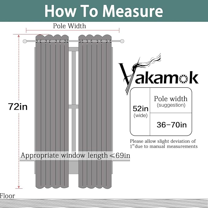 Yakamok Room Darkening Curtains Thermal Insulated Gray Blackout Curtain Panels Solid Grommet Top Window Drapes for Bedroom Living Room Decor(52x72 Inch, Grey, 2 Panels)