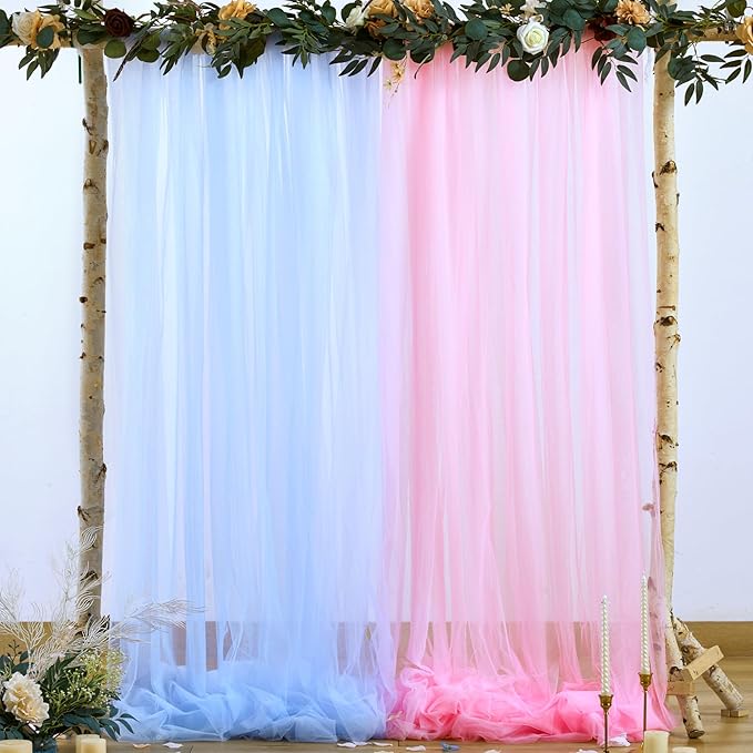 Pink and Blue Tulle Backdrop Curtains for Gender Reveal Girl and Boy Party Sheer Backdrop Drapes for Baby Shower Birthday Party Photoshoot Background Decorations 2 Panels 5ft X 10 ft