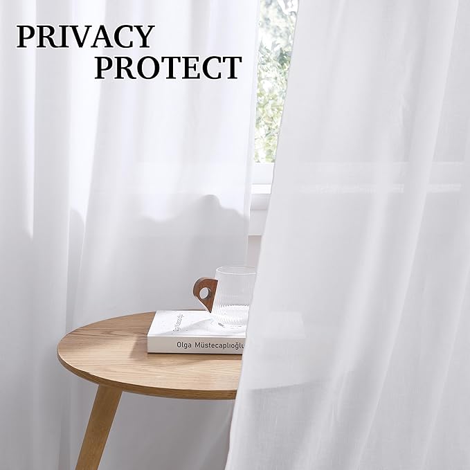 RYB HOME White Linen Curtains 84 inches Long, Semi Sheer Light Filtering Back Tab Breathable Window Curtains & Drapes for Bedroom Living Room Yoga Room, W 52 x L84 inches, 2 Panels Set