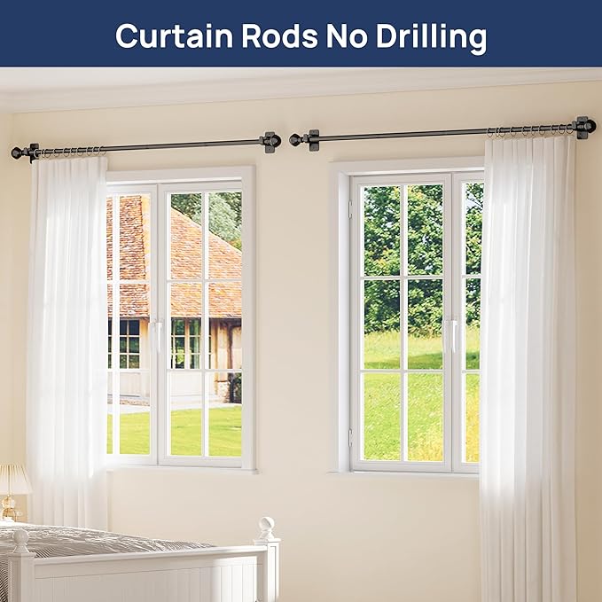 ENJOYBASICS 2 Pack No Drill Curtain Rods for Window 28 to 60 Inches, 5/8 Inch Diameter Renter Friendly Drapery Rod with Adhesive Brackets without Drilling, Adjustable from 27 to 65 Inches, Black