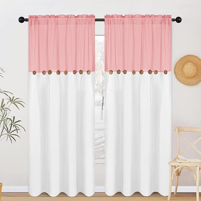 FRAMICS Farmhouse Cotton Linen Curtains for Living Room, Pink Button Curtains 84 Inch Length 2 Panels, Rustic Country Linen Window Curtain for Bedroom Rod Pocket Drapes, 52 x 84 Inch, Pink and White