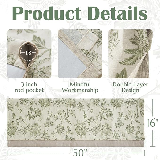 jinchan Floral Valance Curtain Linen Kitchen Valance for Windows 16 Inch Farmhouse Light Filtering Green Floral Short Window Treatment for Living Room 1 Panel Rod Pocket Double Layer Sage on Beige