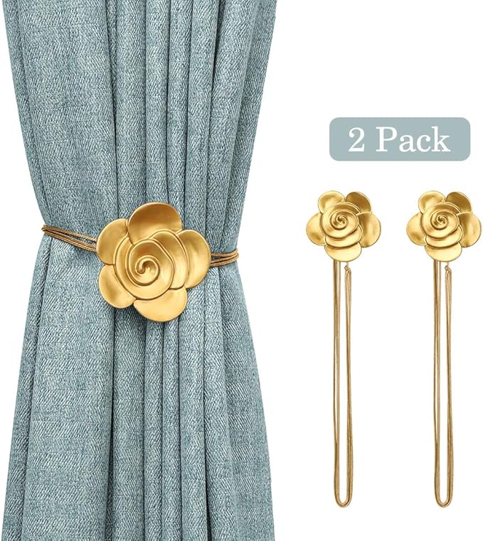 Lewondr Magnetic Curtain Tiebacks, Vintage Curtain Holdbacks, Resin Flower Curtain Ties with Rope Drapery Retro Window Curtain Decorative Buckle Holder for Outdoor, Home Office, and Cafe Balcony, Gold