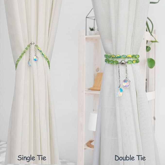 PEDOBO Magnetic Curtain Tiebacks, 2 Pack Crystal Beaded Sun & Moon Pendants Sheers/Draperies Holdbacks for Window Home Office Decor (Green)