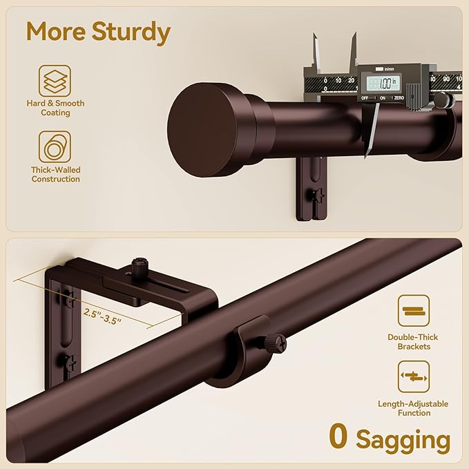 YaFex Curtain Rods 32-58 Inch, Heavy Duty 1 Inch Adjustable Curtain Rod for Windows, Bronze Short Window Treatment Rods, Modern Design, Easy Installation