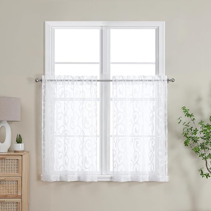 OWENIE Furman White Kitchen Curtains Tiers 36 inch Length, Light Filtering Soft Airy Clear Cafe Curtain for Living Room Bedroom Farmhouse Small Windows Half Curtains, 2 Pcs, Each 40Wx36L inch