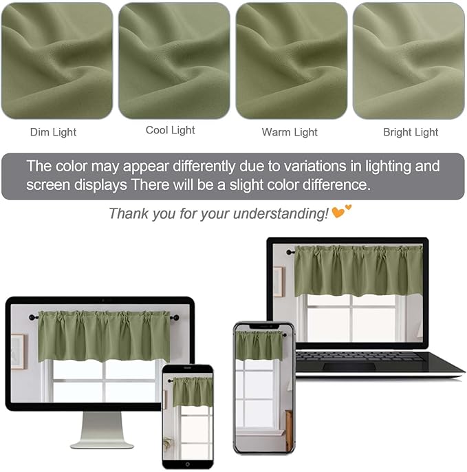 Chyhomenyc Blackout Valances for Windows, Short Window Valance Curtains for Living Room Bedroom Bathroom, Room Darkening Solid Privacy Small Kitchen Valances, 60Wx16L, 2 Pack, Sage Green