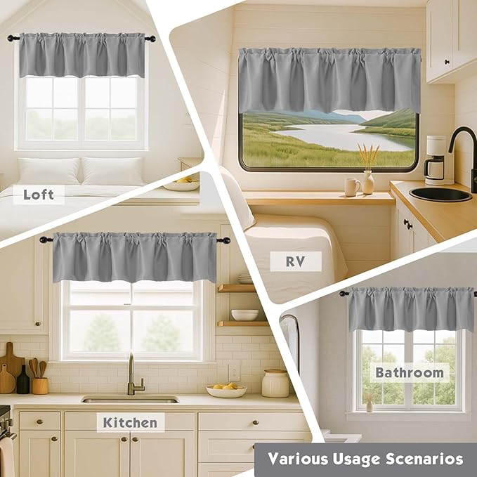 Chyhomenyc Silver Grey Valances for Window, Room Darkening Short Curtains for Kitchen Bedroom Living Room, Rod Pocket Top Small Window Treatment Valance RV Bunk Panels, 40Wx14L, 2 Pieces
