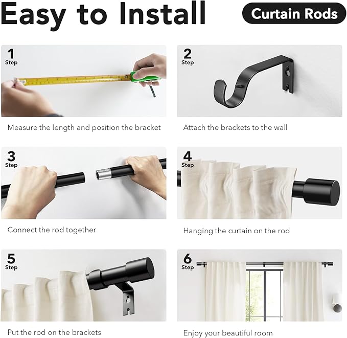 IFELS Heavy Duty Curtain Rods for Windows 48 to 84 Inch, 1 Inch Black Curtain Rods for Outdoor, Farmhouse, Bedroom, Kitchen, Living Room, Adjustable Easy Install Drapery Rod (A2,Black,30"-90")
