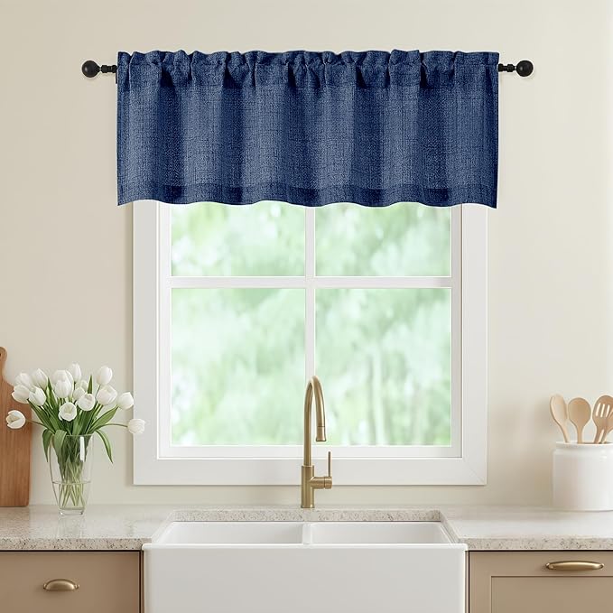 Navy Blue Valances for Windows, Light Filtering Faux Linen Textured Small Short Valance Curtains for Bathroom Basement Farmhouse, Rod Pocket Half Curtains for Windows, 60Wx16L Inch