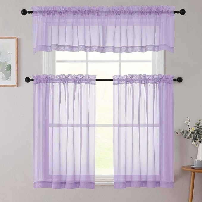 Lavender Kitchen Curtains 30 Inch Length Tier 2 PCS, Solid Soft Airy Half Curtains for Windows, Lavender Sheer Rod Pocket Drapes for Bathroom Basement Small Window Curtain, 42"Wx30"L Inches