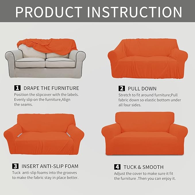 Easy-Going Stretch Sofa Slipcover 1-Piece Sofa Cover Furniture Protector Couch Soft with Elastic Bottom for Kids, Polyester Spandex Jacquard Fabric Small Checks (Sofa, Orange)