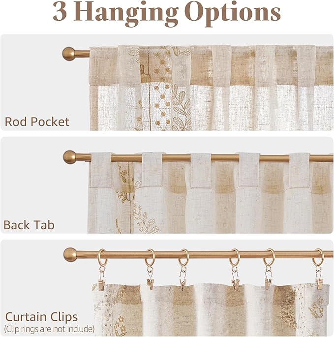 jinchan Belrose Linen Floral Cafe Curtains 45 Inch Length Embroidered Farmhouse Curtains for Kitchen Bedroom Bathroom Small Windows Curtain Set Light Filtering 2 Panels Beige