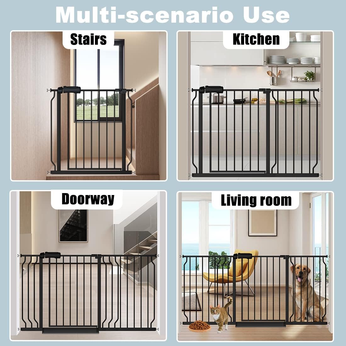 Extra Wide Baby Gate with 4.72in Extensions, Walk-Through, Auto Close, Pressure Mount Child Safety Gate (Black, Extension-4.72"/12cm)