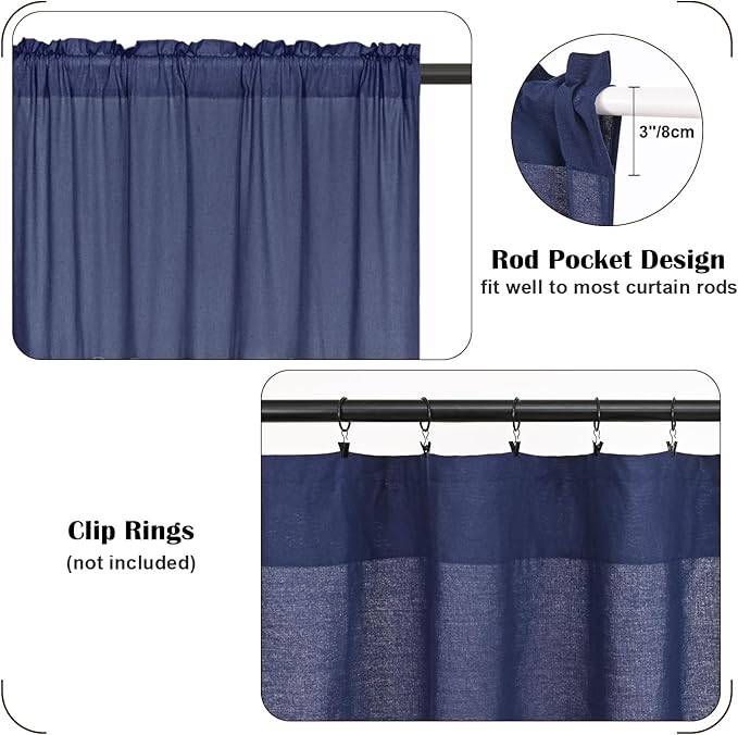 FRAMICS Farmhouse Valance Curtains, Boho Cotton Linen Kitchen Valances, Navy Blue Rustic Button Window Valance for Kitchen Bathroom Bedroom, Country Rod Pocket Valances for Windows, 52 x 18 Inch
