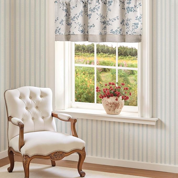 jinchan Linen Kitchen Valance for Windows 16 Inch Floral Double Layer Valance Living Room Laundry Room Darkening Rustic Cottagecore Farmhouse Flower Window Treatment 1 Panel Blue on Linen