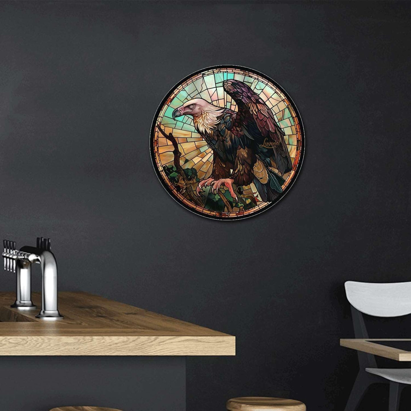 Lygond Metal Sign Tin Sign Circular Stained Glass Vulture Funny Gardening Gift for Patio 8×8 Inches