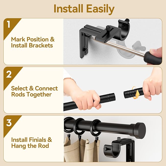 YaFex Curtain Rods 2 Pack 32-118 Inch, Heavy Duty 1 Inch Curtain Rod, Black Long Adjustable Window Treatment Rods,Modern Design, Easy Installation