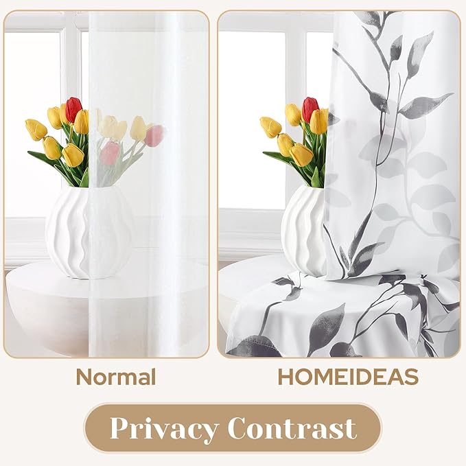 HOMEIDEAS Kitchen Curtains, Short Non-See-Through Privacy 30X36 Inch Length Tier Curtains, Grey and White Leaf Floral Printed Light Filtering Semi Sheer Small Window Drapes for Bathroom Cafe, 2 Panels