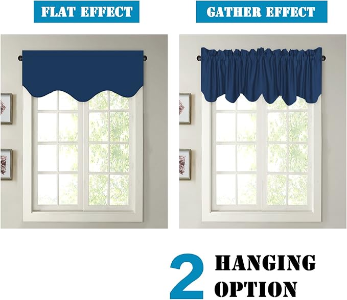 H.VERSAILTEX 2 Panels Blackout Curtain Valances for Kitchen Windows/Living Room/Bathroom Privacy Protection Rod Pocket Decoration Scalloped Window Valance Curtains, 52" W x 18" L, Navy