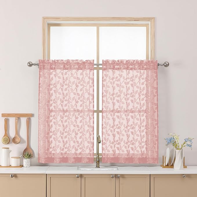 Chyhomenyc Blush Pink Sheer Curtains 36 Inch Length, Light Filtering Leaf Tufted Textured Small Window Kitchen Curtain Over Sink, Short Half Window Curtains for Bathroom Basement, 30"Wx36"L, 2 Panels
