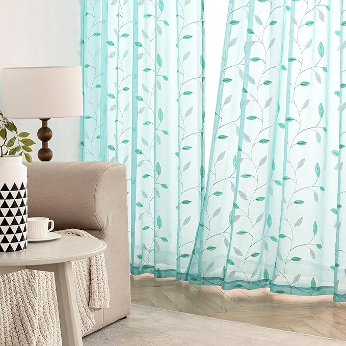 MIULEE Turquoise Sheer Curtains 2 Panels Embroidered Leaf Patterned Rod Pocket Floral Semi Sheer Faux Linen Window Curtains Drapes Set for Living Room Bedroom Dining Room, 52x84 Inches Long