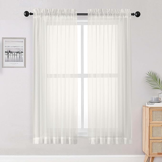 OWENIE Ivory Sheer Curtains 68 Inch Length 2 Panels Set for Bedroom Living Room, Light Filtering Voile Sheer Curtains, Airy Rod Pocket Farmhouse Curtain, Ivory, Each 42Wx68L inch