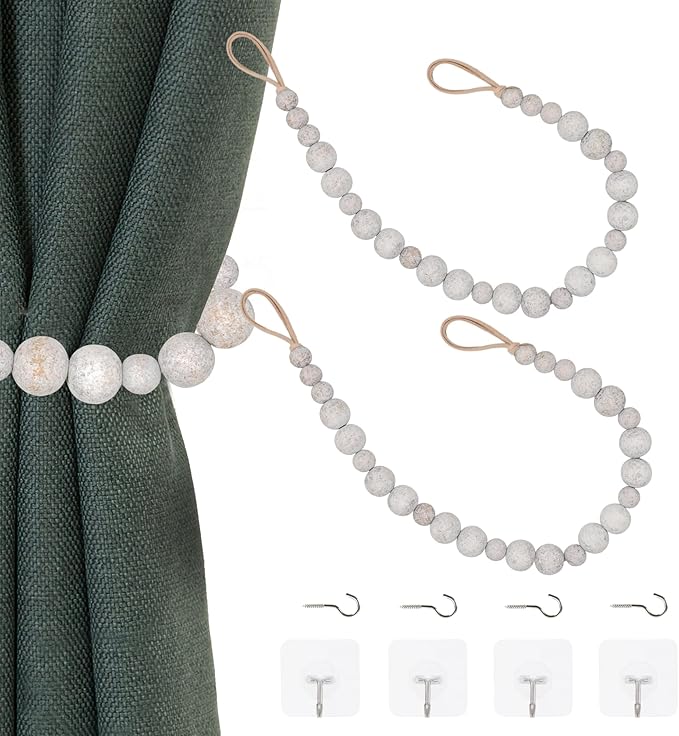 OCIOLI 2 Pieces Wood Bead Curtain Tieback Boho Curtain Tiebacks Curtain Holdbacks for Wall Curtain Ties Window Treatment Curtain Tie Backs with Hooks Curtain Pull Backs (Whitewashed Color, 2) (C-1)