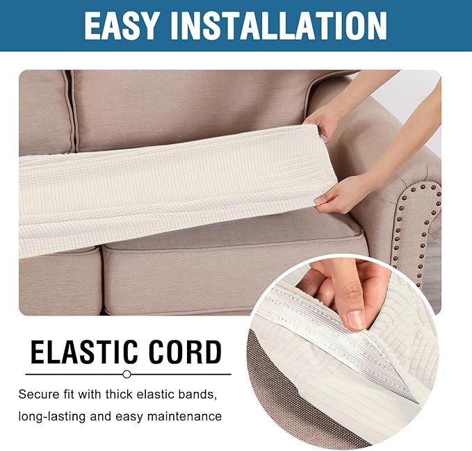H.VERSAILTEX Super Stretch Individual Seat Cushion Covers - Sofa & Couch Cushion Slipcover Sets - Thick Jacquard Textured Twill Fabric (3 Piece XL, Porcelain White)