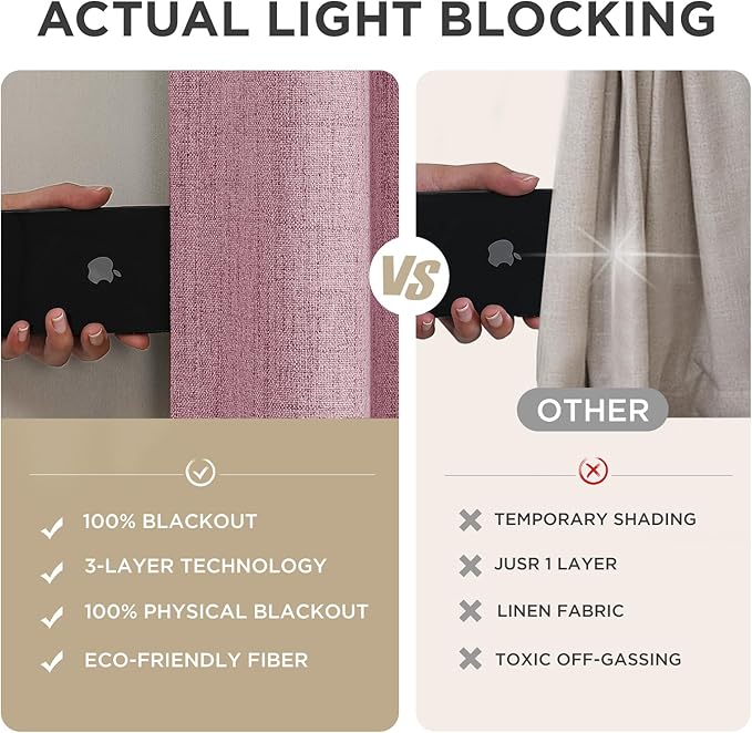 Joydeco Blackout Curtains for Bedroom - 90 Inch Long 100% Light Blocking 2 Panels Set Pink Drapes, Thermal Insulated Room Darkening Curtains, Linen Textured for Living Room, Rod Pocket & Back Tabs