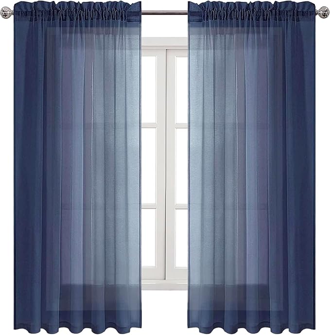 DWCN Navy Blue Sheer Curtains Semi Transparent Voile Rod Pocket Curtains for Bedroom and Living Room, 60 x 63 inches Long, Set of 2 Panels