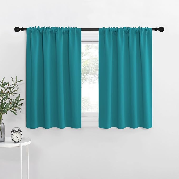 NICETOWN Kitchen Curtains, Peacock Blue, 34" x 40", Set of 2, Short Blackout Curtains & Drapes, Thermal Insulated Rod Pocket Window Treatment Draperies for Nursery