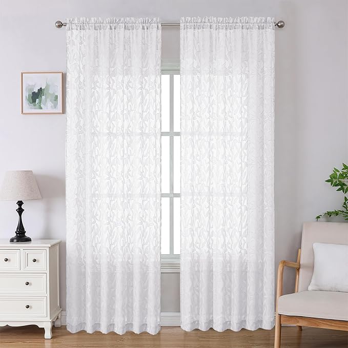 Lecloud Leia White Sheer Curtains 96 Inches Long 2 Panels, Airy Voile Jacquard Leaf Textured Curtains, Light Filtering Farmhouse Dual Rod Pocket Curtain Drapes for Bedroom Living Room, 52" W x 96" L