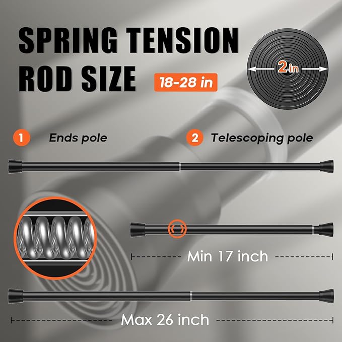 AIZESI Black 1pcs Spring Tension Curtain Rods 17 to 26 Inches, Short Tension Rod Loaded Small Mini Extendable Curtain Tension Rod Adjustable For Windows Bedroom Closet Cupboard