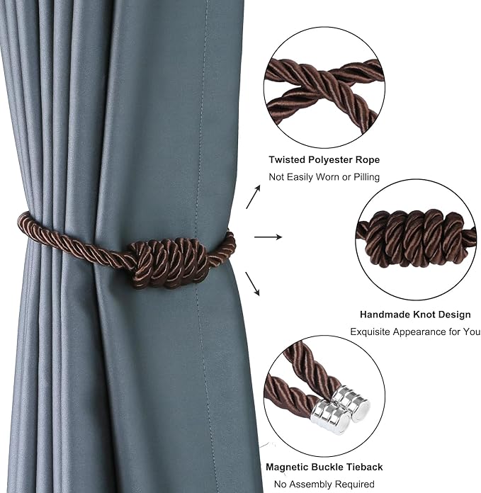 BEL AVENIR Magnetic Curtain Tiebacks, Decorative Drapery Holdbacks Modern Woven Tie-Backs with Exquisite Knot (Coffee, 6 Pack)