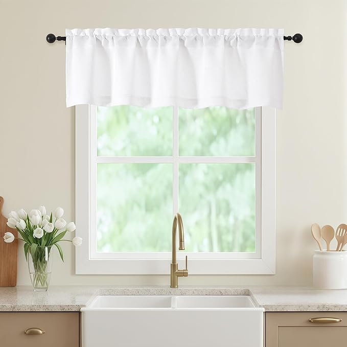 Valances for Windows, Light Filtering Faux Linen Textured Small Short Window Curtain for Bathroom Basement Farmhouse, Rod Pocket Top Half Curtains for Windows, White 52Wx14L Inch