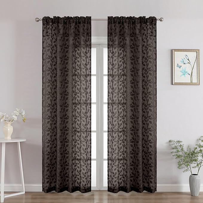 Chyhomenyc Chocolate Sheer Curtains 84 Inch Length 2 Panels Set, Light Filtering Tufted Textured Soft Airy Rod Pocket Gentle Leaf Window Treatment Drapes for Bedroom Living Room, 42" Wx84 L, 2PCS